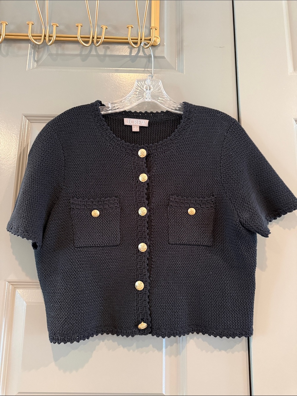 J. Crew Black Cropped Short-Sleeve Cardigan Sweater Gold Buttons Lady Jacket - Picture 3 of 5